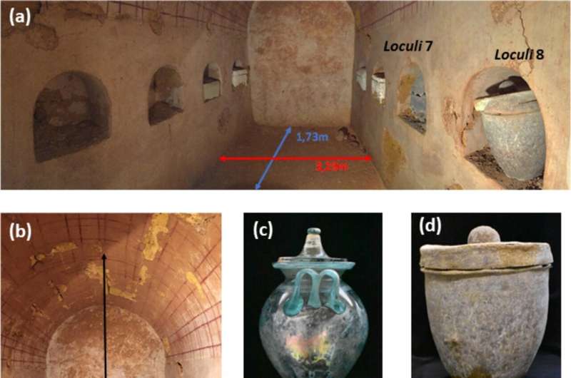 Погребальная камера (а и b), стеклянный сосуд с вином и свинцовый ящик (c и d) / © Journal of Archaeological Science: Reports