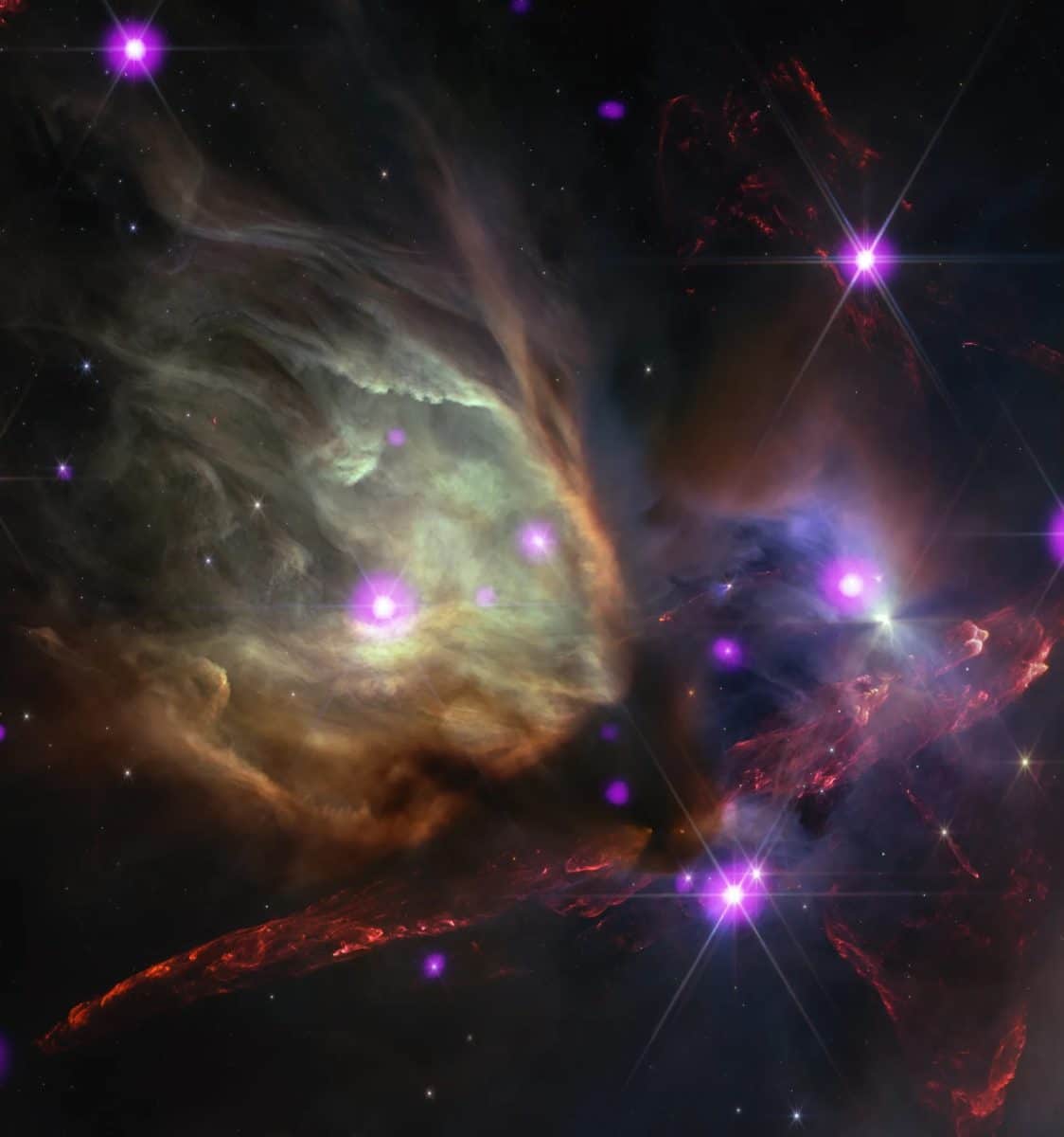 Двойная звезда Ро Змееносца / © NASA / CXC / MIT / C. Canizares; IR: NASA / ESA / CSA / STScI / K. Pontoppidan; Image Processing: NASA / ESA / STScI / Alyssa Pagan, NASA / CXC / SAO / L. Frattare and J. Major