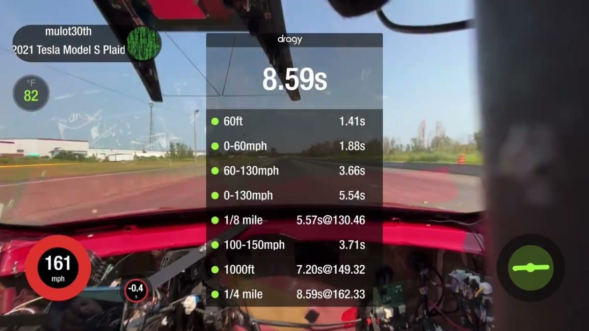 Tesla Model S Plaid установила новый мировой рекорд на дистанции в 402 метра / © Tesla Plaid Racing