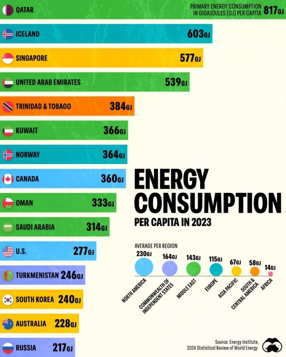 Страны, потребляющие больше всего энергии на душу населения / © Voronoi 