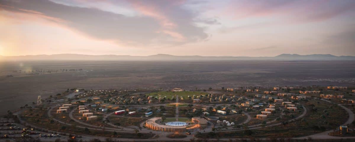 Рендер комплекса отелей El Cosmico в пустыне Техаса / © Icon