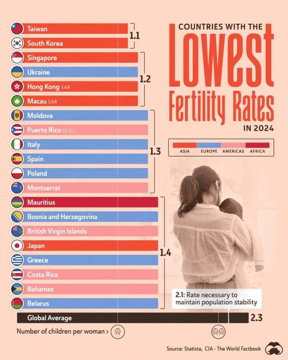 Страны с самым низким уровнем рождаемости в 2024 году / © visualcapitalist
