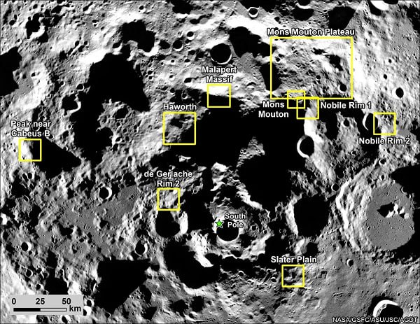 Обновленный список мест посадки астронавтов в районе южного полюса Луны / © NASA