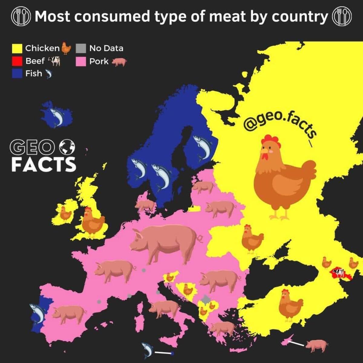 Инфографика: наиболее потребляемый вид мяса и рыбы по странам / © geofacts