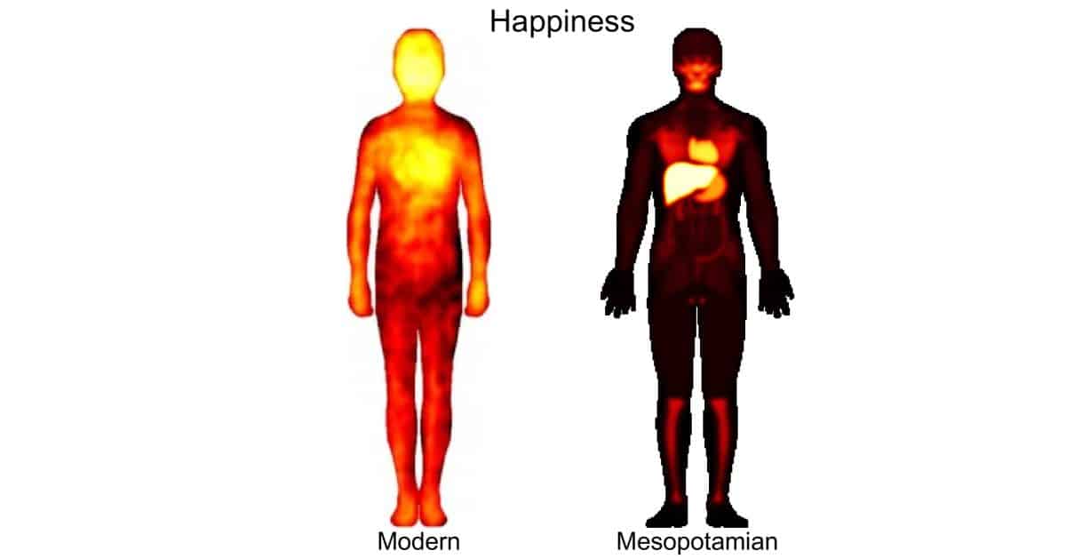 Ощущение счастья у жителей Месопотамии заметно сосредоточено в печени. / ©Modern/PNAS: Lauri Nummenmaa et al., Mesopotamian: Juha Lahnakoski.