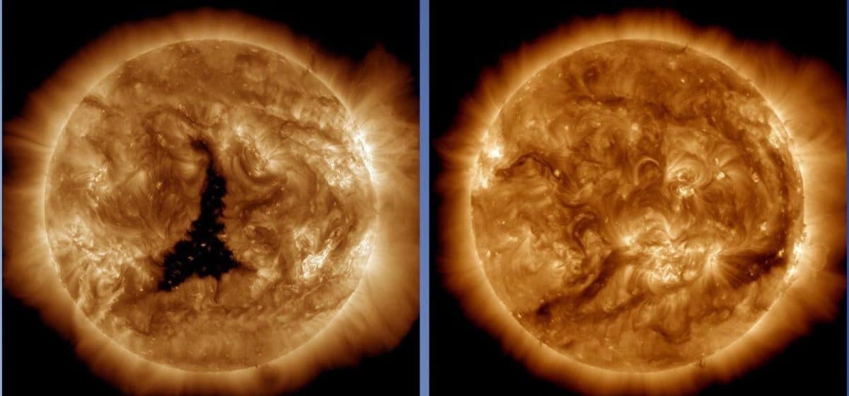 Крупная корональная дыра на Солнце (слева) и поверхность светила без корональных дыр (справа) / © NASA