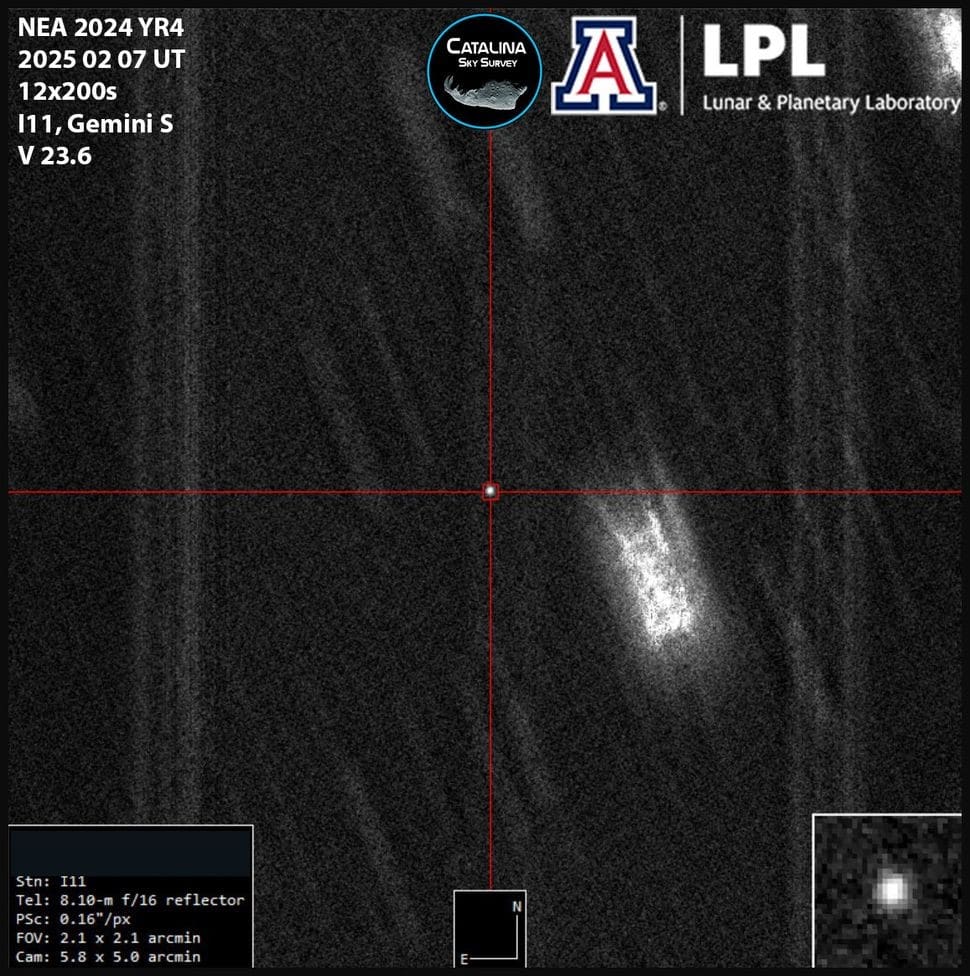 Астероид 2024 YR4 в объективе камеры телескопа Gemini South 7 февраля 2025 года / © Catalina Sky Survey / LPL / Dr. Wierzchos / Bryce Bolin