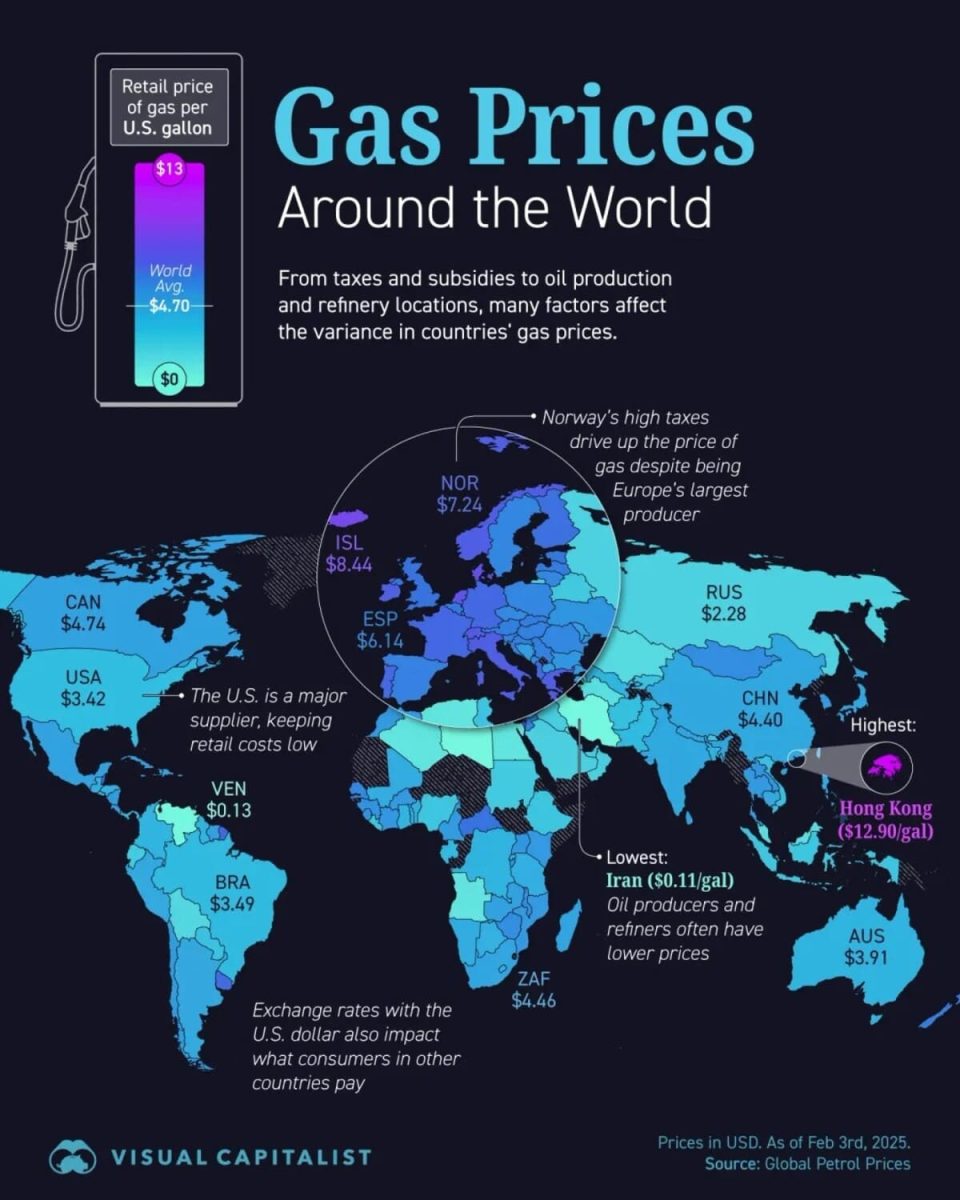 Инфографика: сколько жители стран платят за бензин в 2025 году / © Visualcapitalist