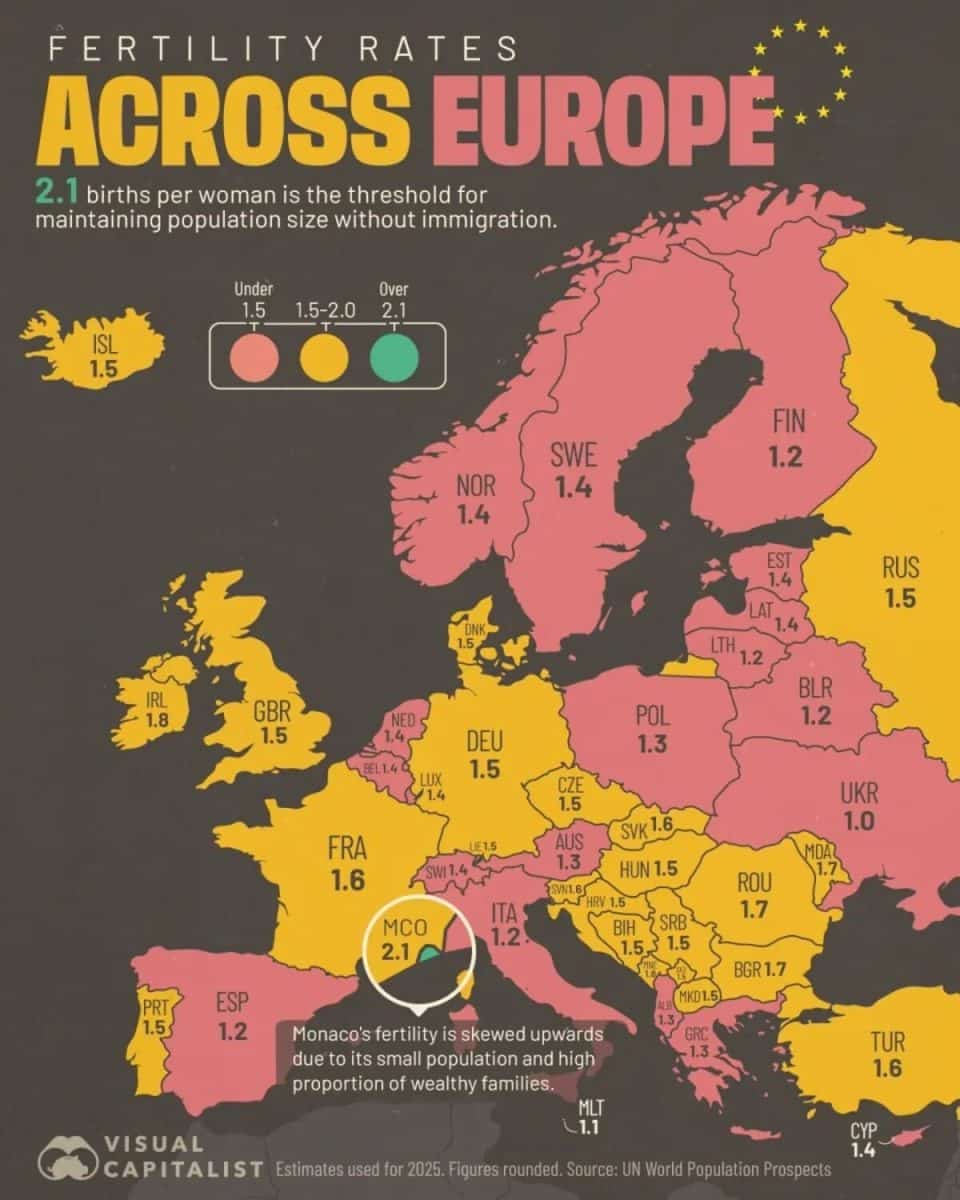 Инфографика: суммарный коэффициент рождаемости в странах Европы в 2025 году / © Visualcapitalist
