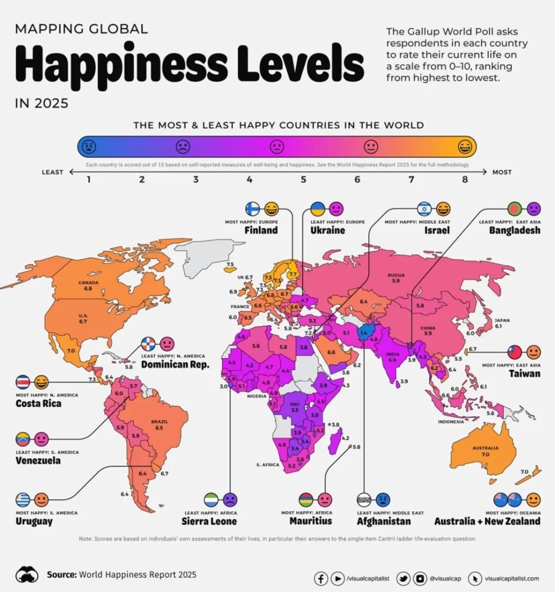 Инфографика: самые счастливые страны в 2025 году / © visualcapitalist