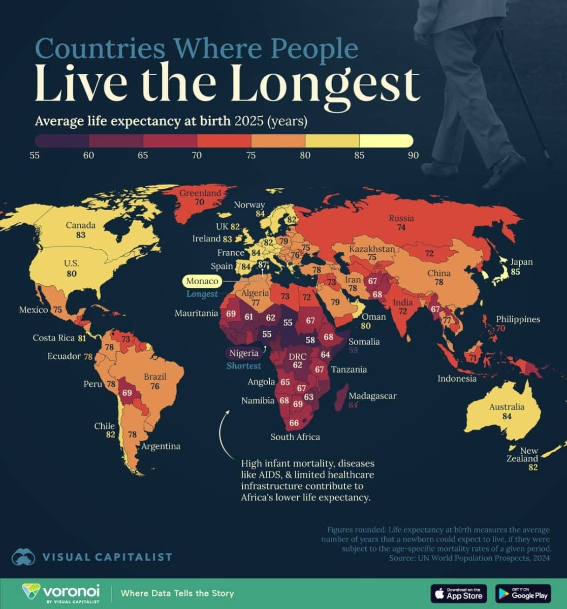 Инфографика: ожидаемая продолжительность жизни по странам в 2025 году / © visualcapitalist