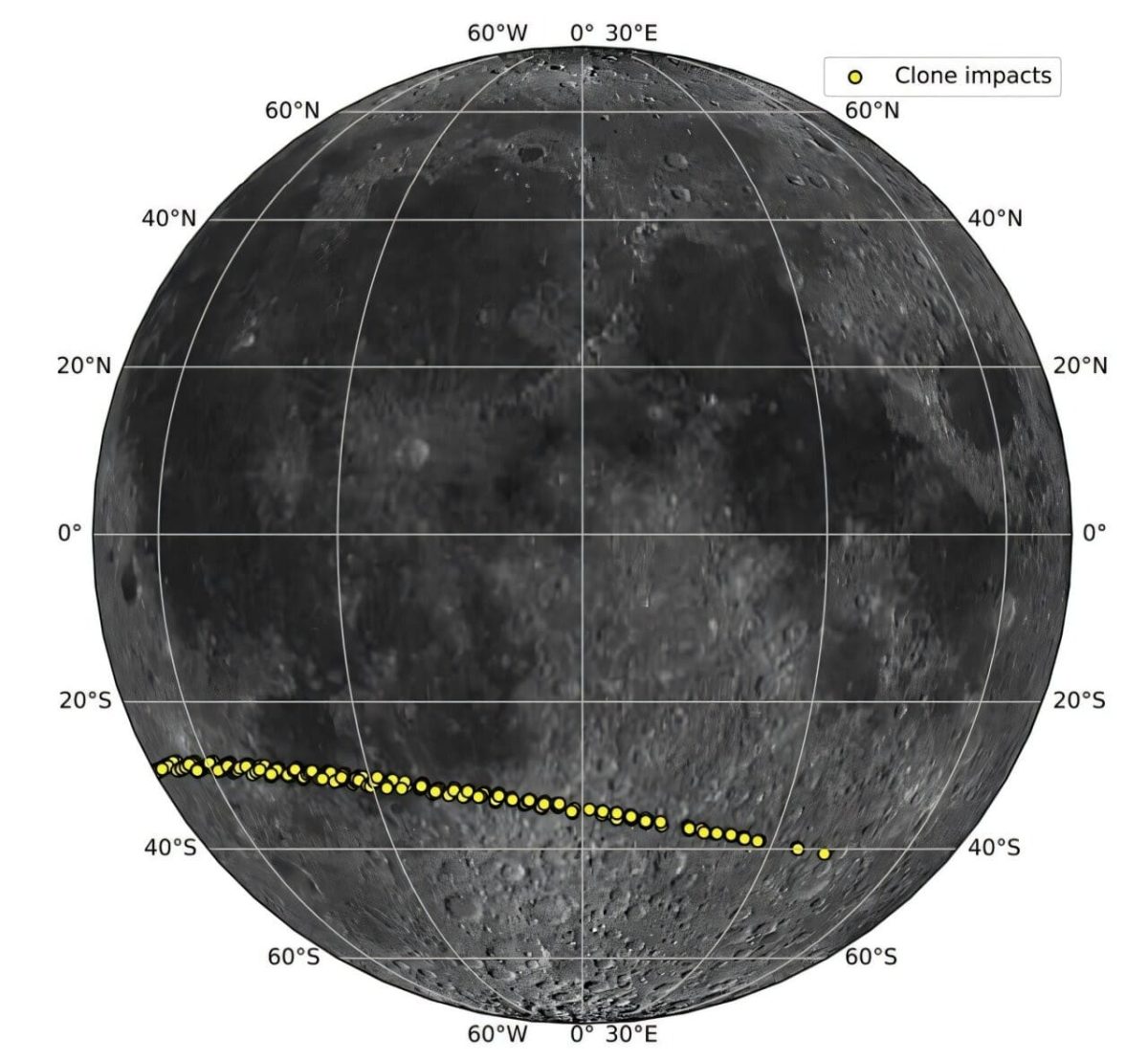 Места возможного столкновения астероида 2024 YR4 с Луной / © Wiegert et al. 2025 / LRO