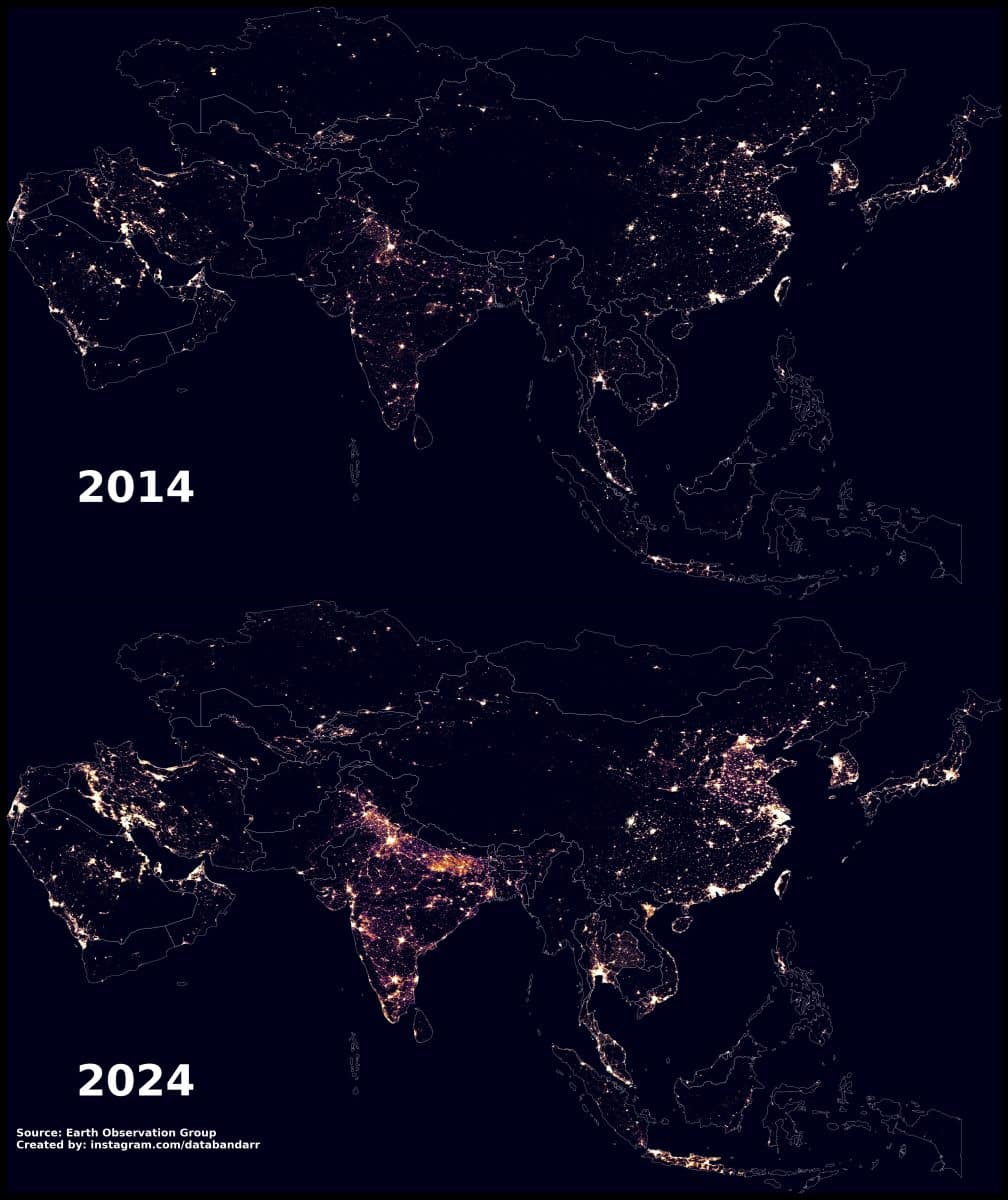 Сравнение карт ночного освещения части Азии в 2014 и 2024 годах / © databandar, Instagram / Earth Observation Group