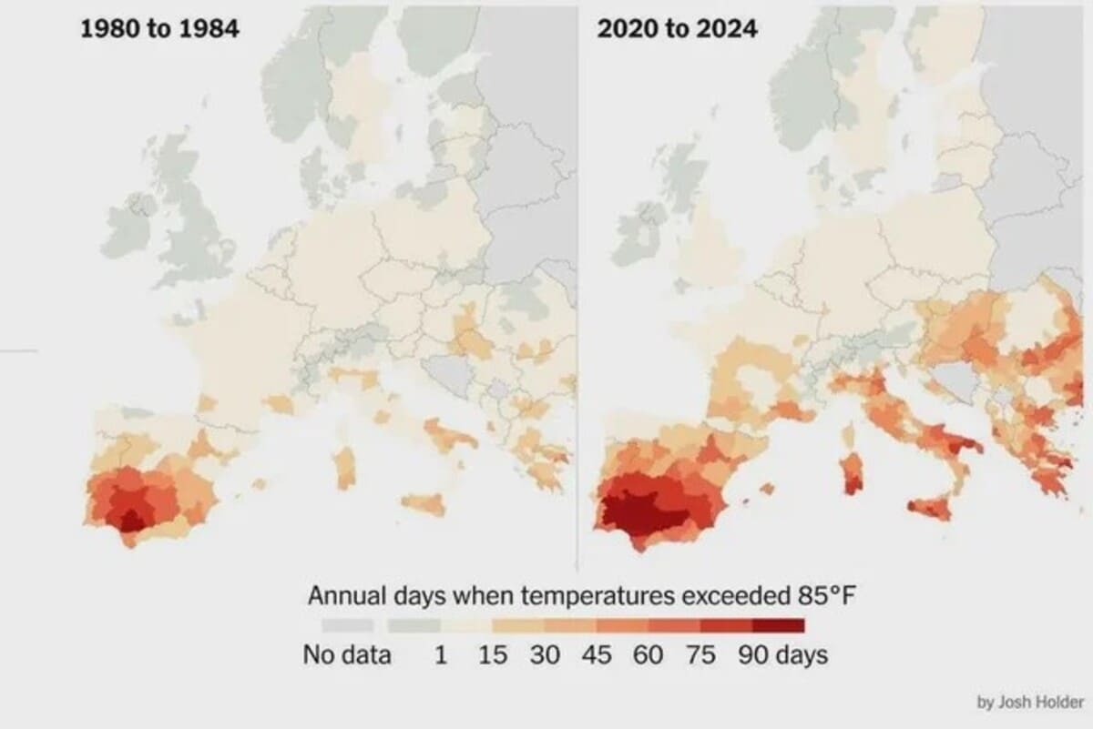 Количество дней в году, когда температура превышала 30 °C в Европе / © Josh Holder / ESA