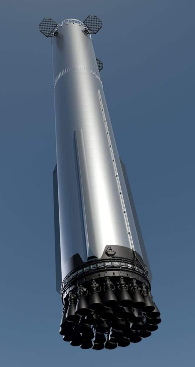 Рендер нового поколения Starship с новыми решетчатыми стабилизаторами / © SpaceX