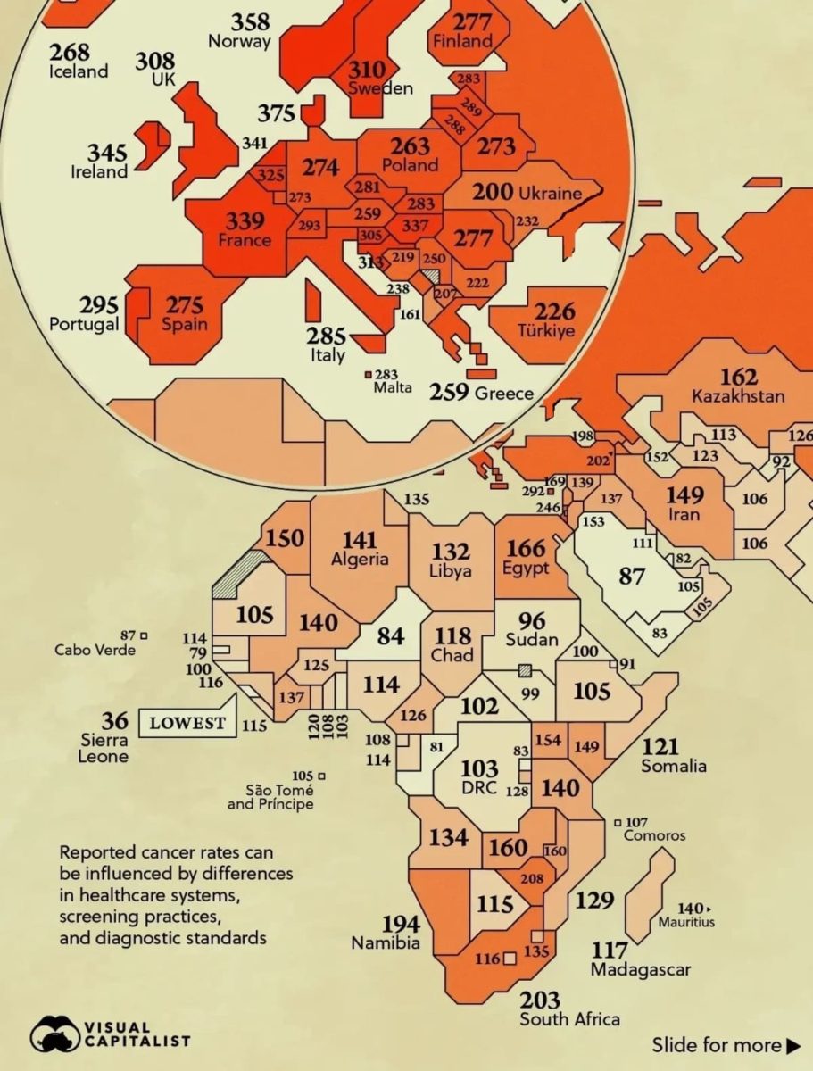 Карта: уровень заболеваемости раком по странам  / © Visualcapitalist