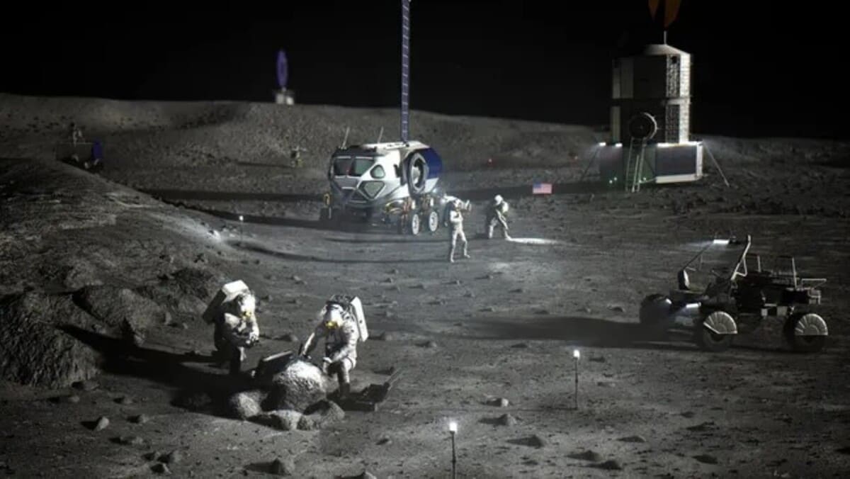 Художественное изображение астронавтов на южном полюсе Луны / © NASA