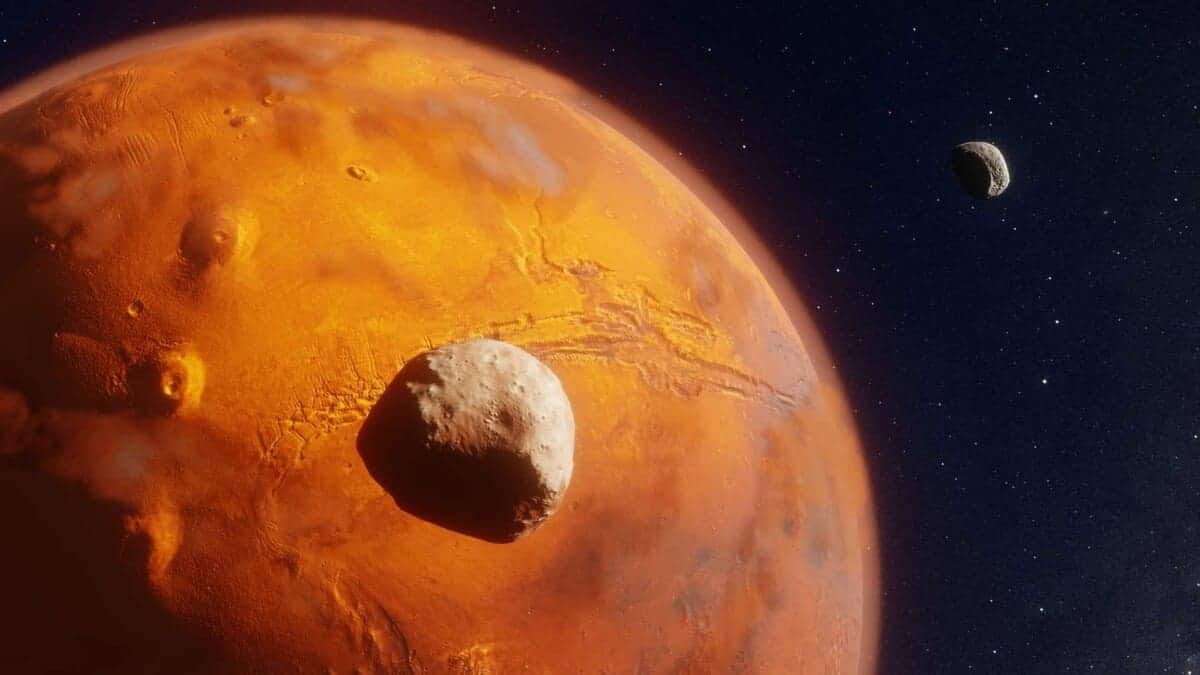 Художественное изображение Марса и его двух спутников / © NASA / JPL / University of Arizona
