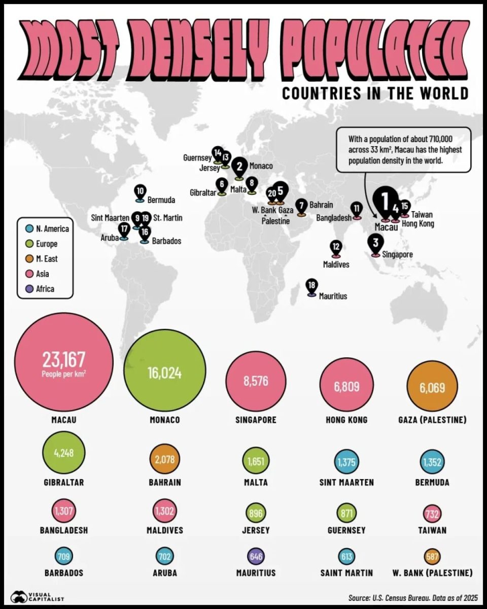 Топ-20 самых густонаселенных стран и территорий / © Visualcapitalist