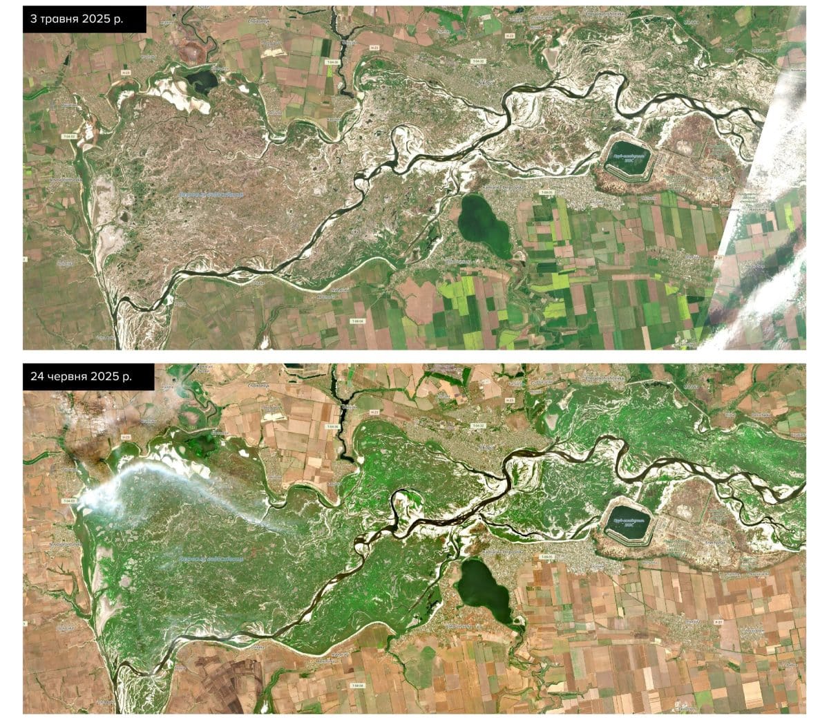 Каховское водохранилище 3 мая 2025 года и 24 июня 2025 года / © Copernicus Browser 