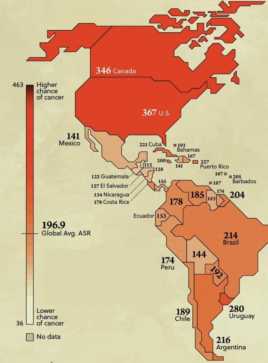 Инфографика: Показатели заболеваемости раком в Северной и Южной Америках / © Visual Capitalist