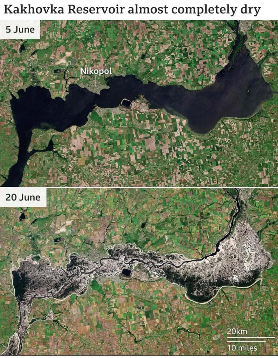 Каховское водохранилище 5 июня 2023 года и 20 июня 2023 года / © Copernicus Sentinel-2