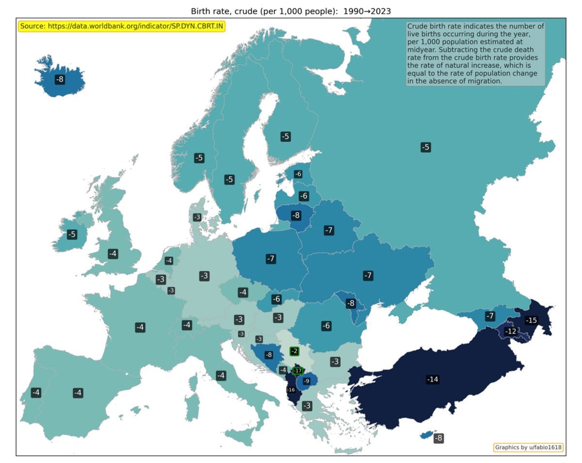 Изменение рождаемости с 1990 по 2023 год / © Worldbank, u/fabio1618