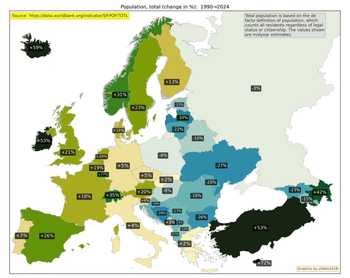 Изменение общей численности населения с 1990 по 2024 год / © Worldbank, u/fabio1618