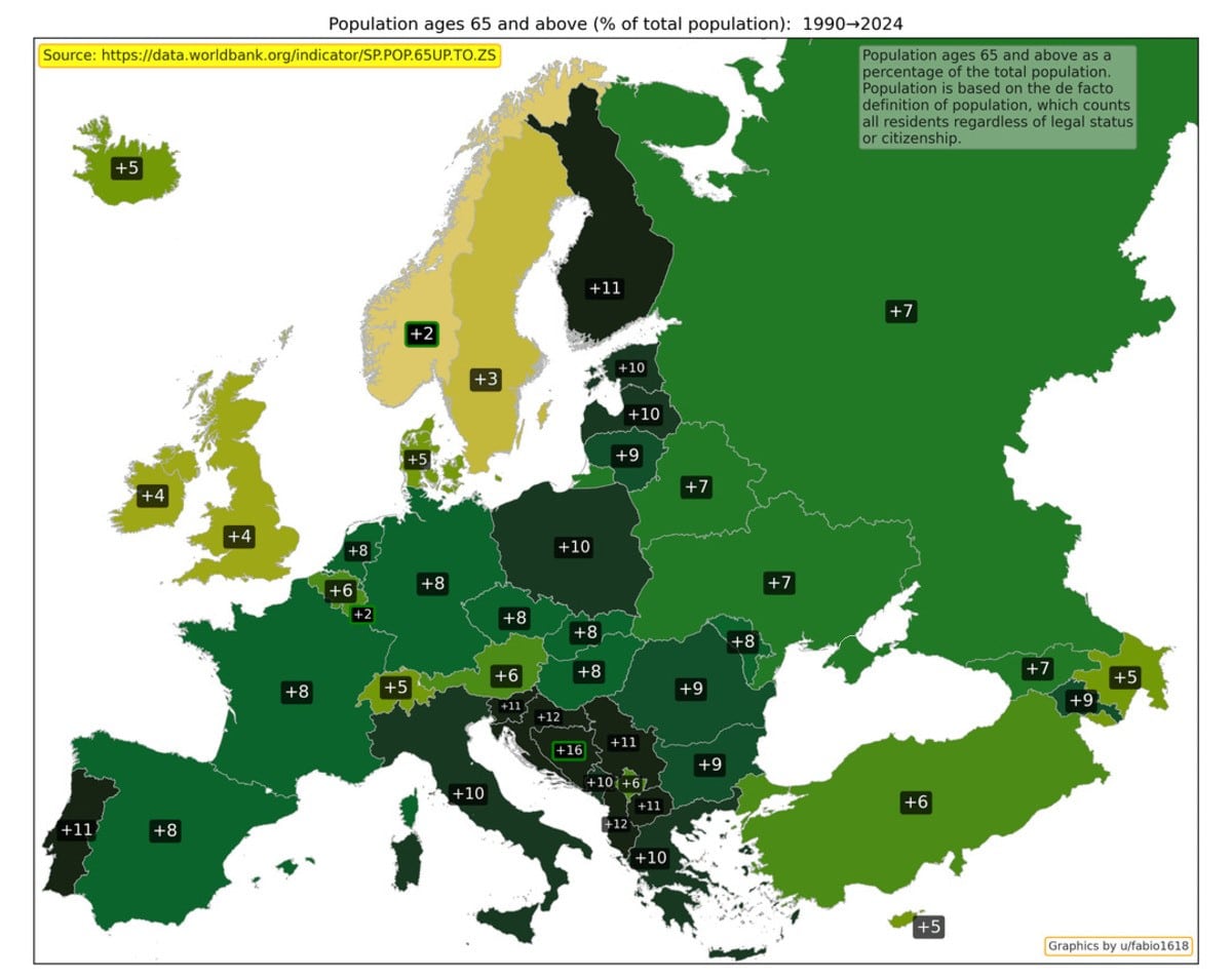 Изменение доли населения в возрасте 65 лет и старше с 1990 по 2024 год / © Worldbank, u/fabio1618