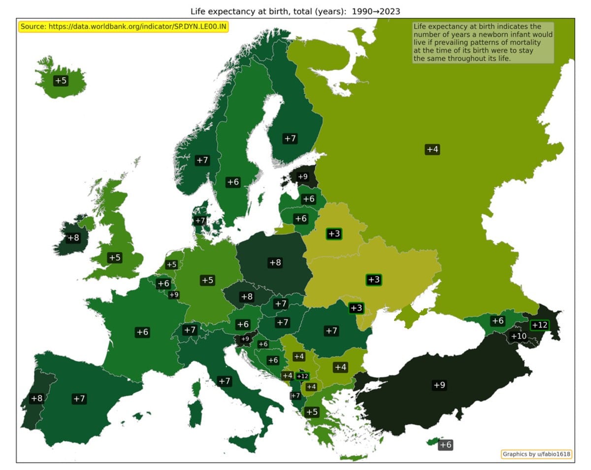Изменение ожидаемой продолжительности жизни с 1990 по 2023 год / © Worldbank, u/fabio1618