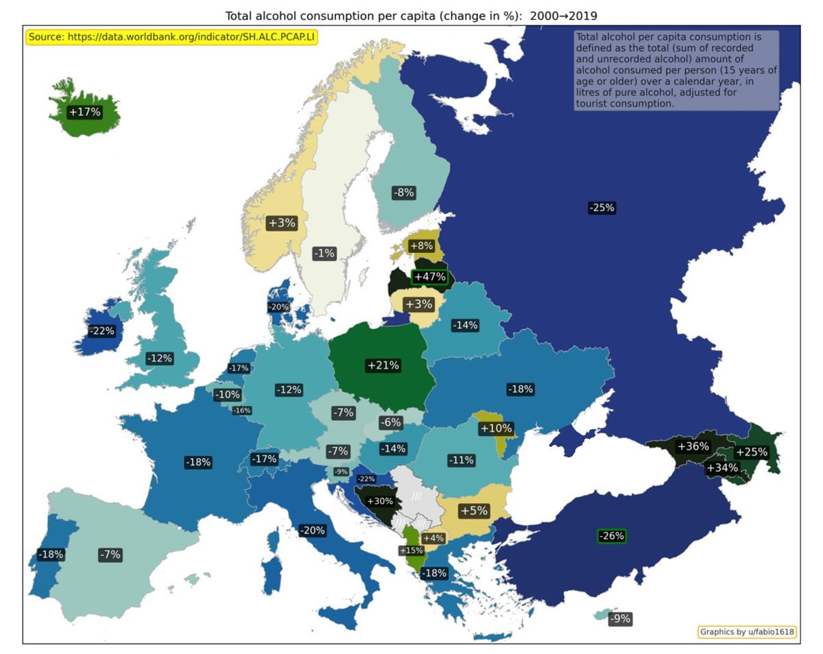 Изменение потребления алкоголя на душу населения с 2000 по 2019 год / © Worldbank, u/fabio1618