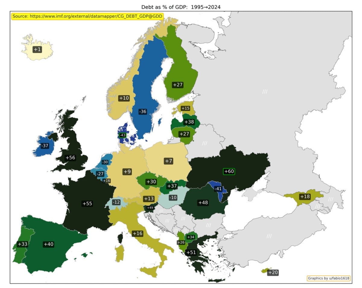Изменение государственного долга к доле от ВВП с 1995 по 2024 год / © imf, u/fabio1618