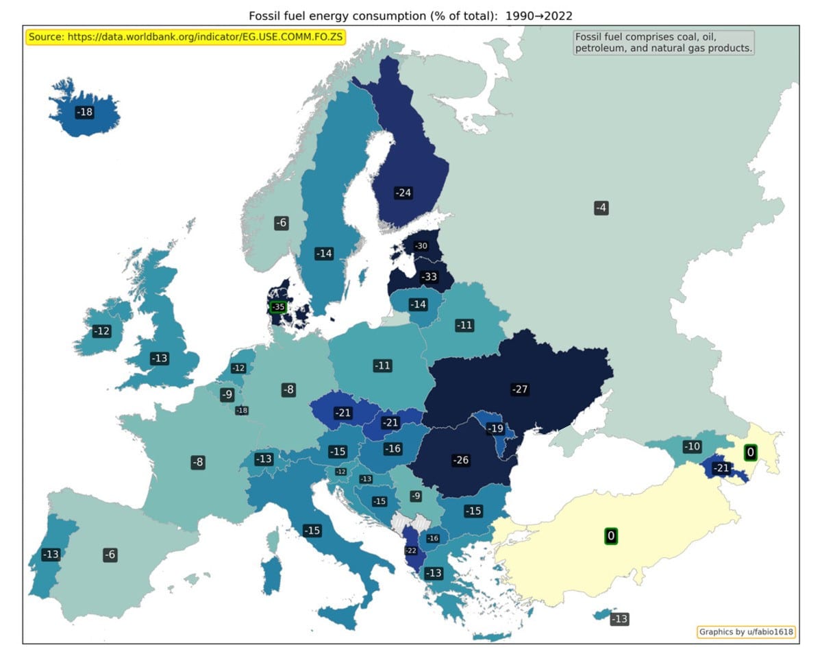 Изменение потребления энергии из ископаемого топлива с 1990 по 2022 год / © Worldbank, u/fabio1618