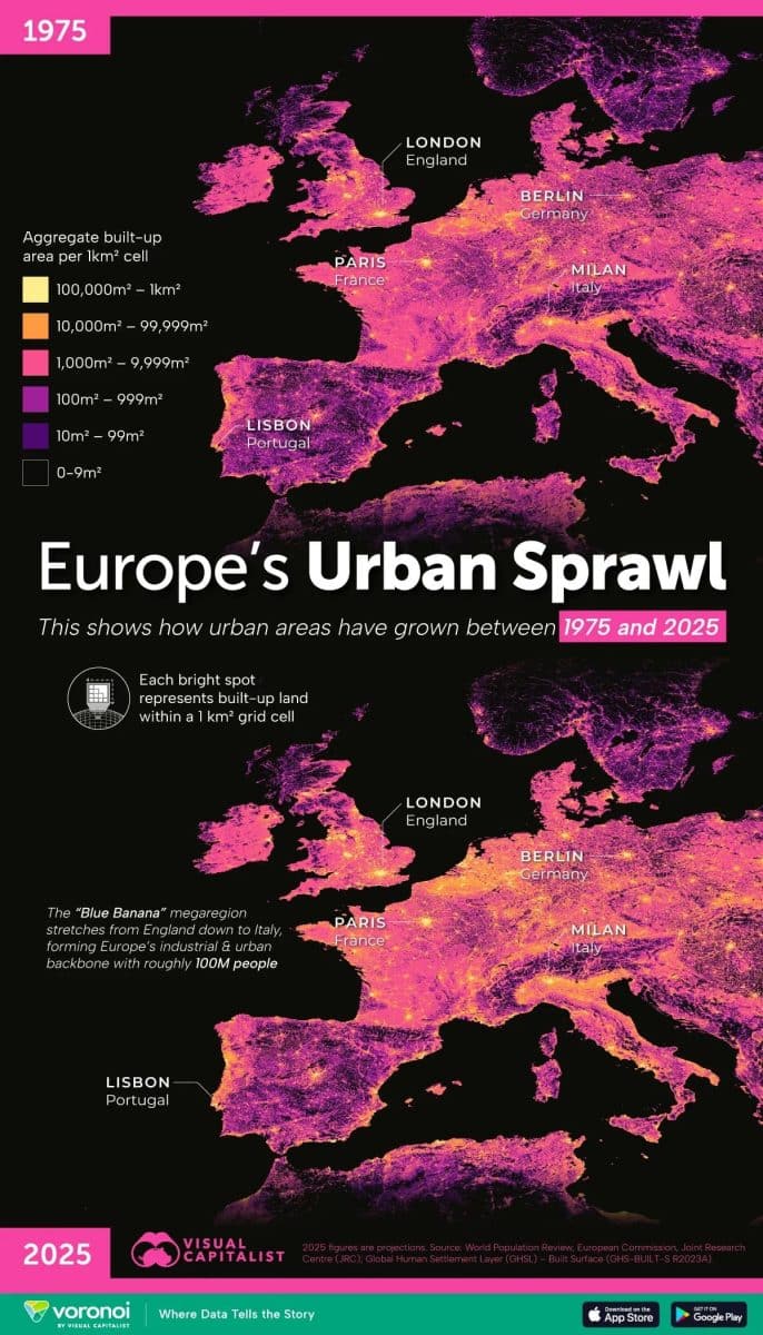  От Лиссабона до Москвы: как за 50 лет выросли города Европы / © Visualcapitalist 
