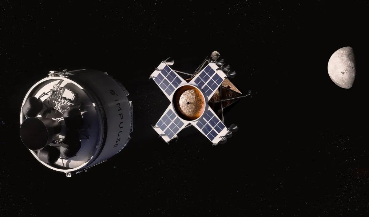 Концепт лунной транспортной системы компании Impulse Space использует буксир Helios (слева) и новый лунный посадочный модуль, который разработает компания / © Impulse Space