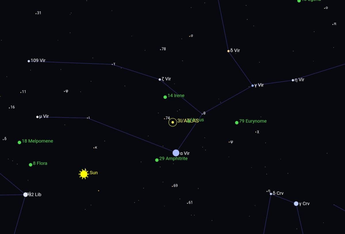 Звездная карта, показывающая положение кометы 3I/ATLAS в созвездии Дева 30 октября 2025 года. Поле зрения: 50х30 градусов / © The Sky Live