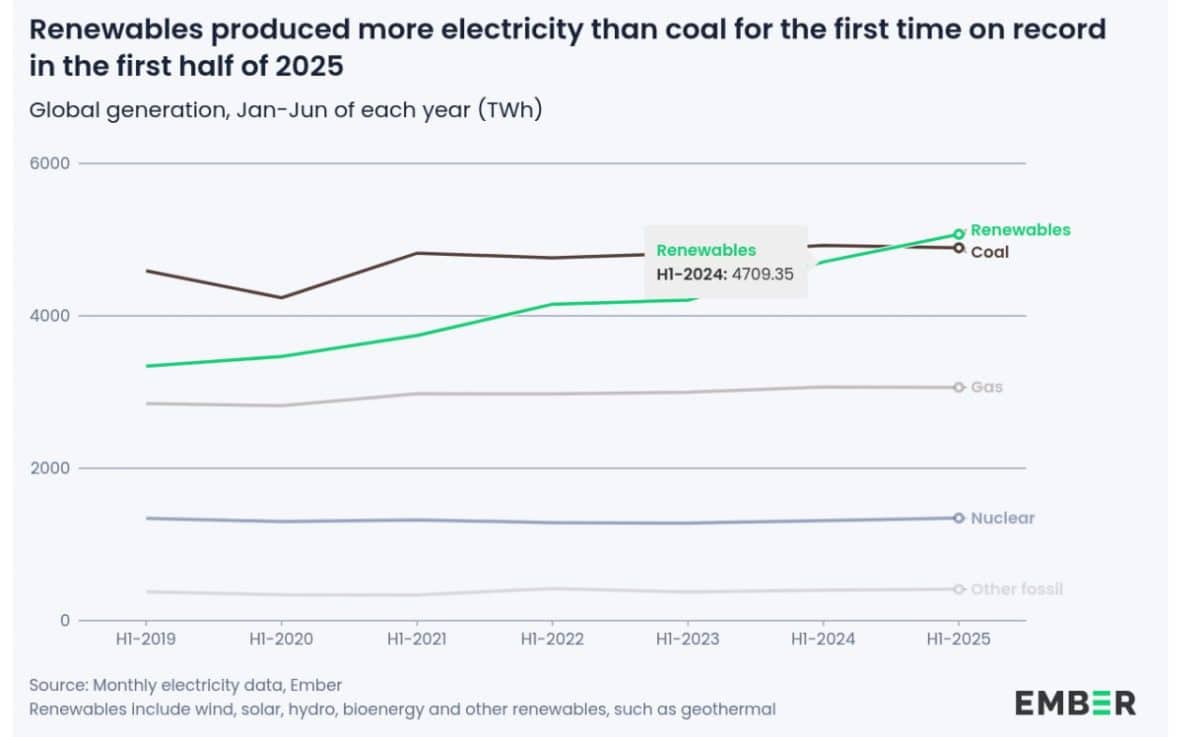 Возобновляемая энергия впервые в современной истории опередила уголь по выработке электроэнергии / © Ember