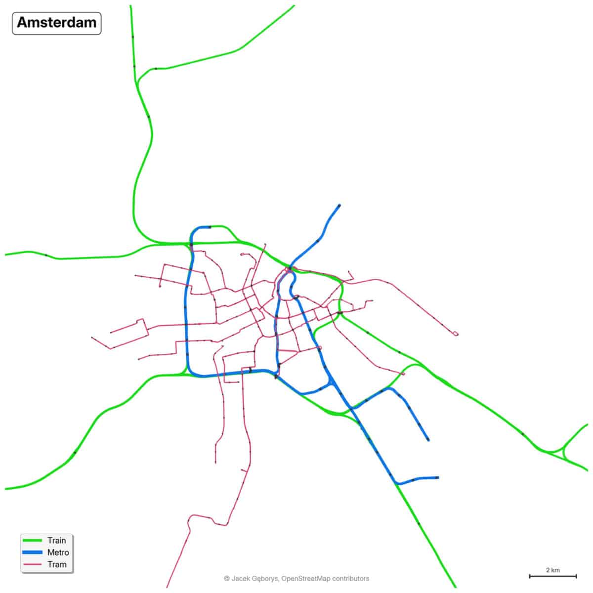 Железнодорожная система Амстердама / © Jacek Gebors, OpenStreetMap contributors