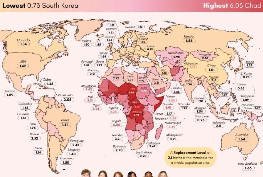 Карта: коэффициент рождаемости в странах мира / © iswardiishak / voronoi