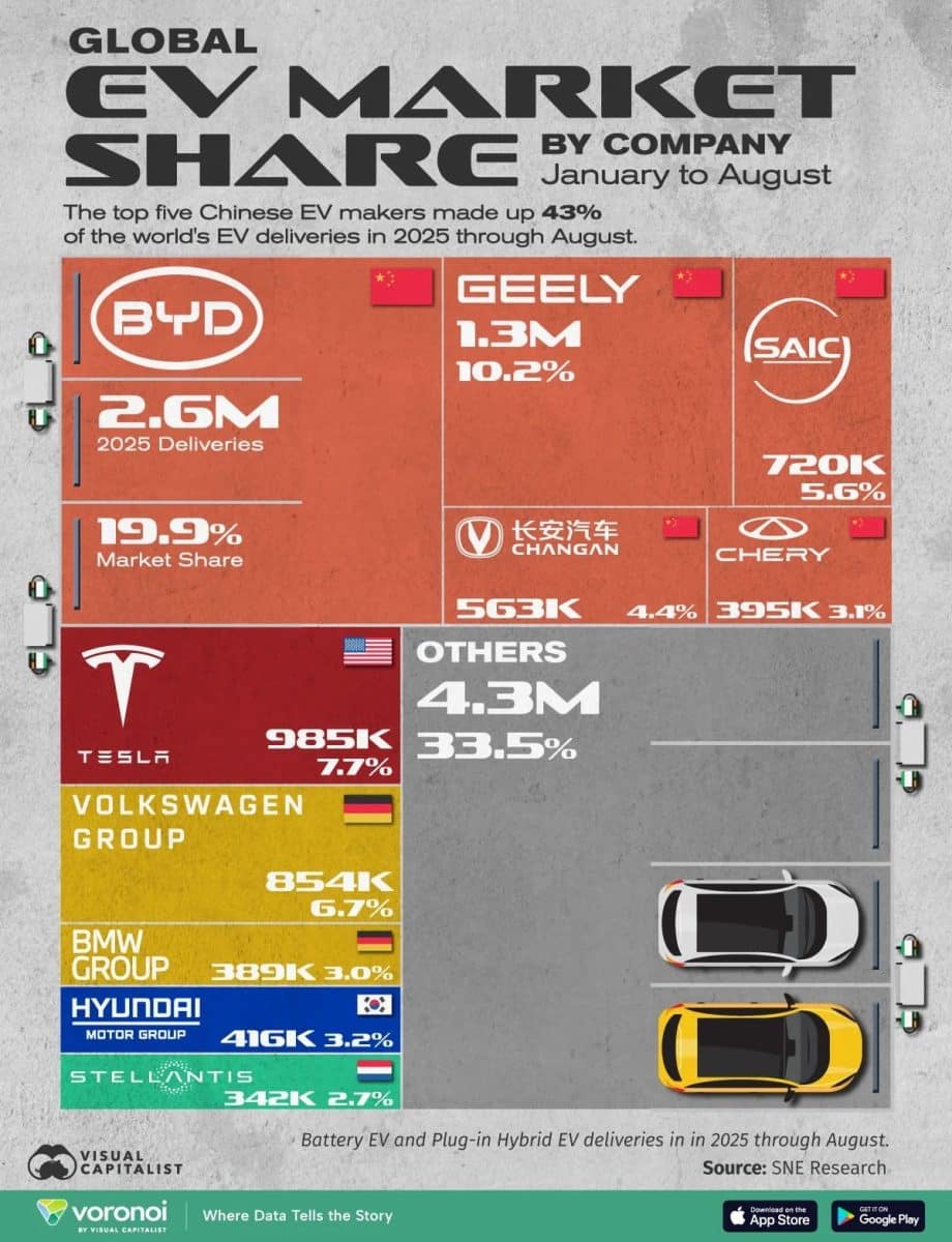 Крупнейшие мировые производители электромобилей по доле рынка / © Visual Capitalist