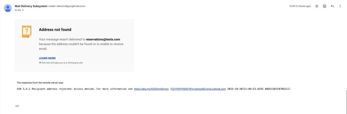 Скриншот Сэма Альтмана, что письмо не доставлено / © Sam Altman / соцсеть X