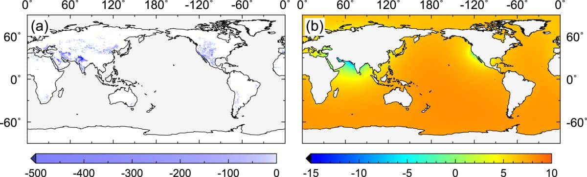 Общее изменение запасов подземных вод на суше (a) и связанное с ним изменение уровня моря (b) за 1993–2010 год / © Geophysical Research Letters