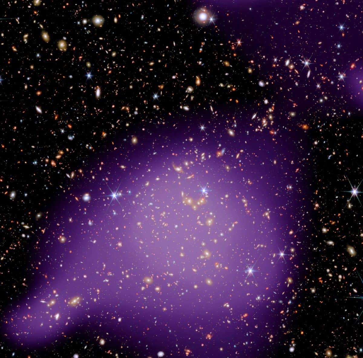 Область глубокого космоса на изображении, которое объединяет данные и наблюдения телескопов «Джеймс Уэбб», «Хаббл», «Чандра» и XMM-Newton. Изображение показывает группу галактик в возрасте Вселенной около 6,5 миллиарда лет — чуть меньше половины ее текущего возраста / © ESA / Webb, NASA & CSA