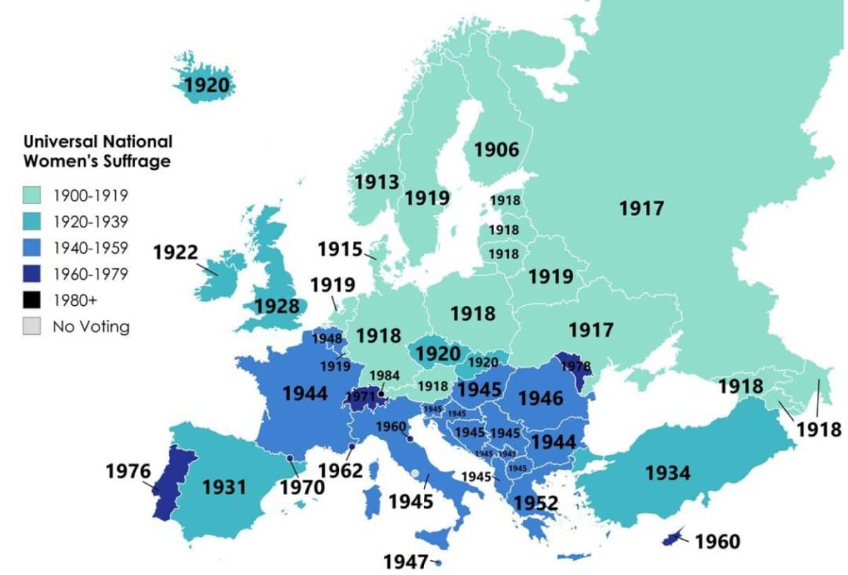 Карта: когда женщина получили право голоса в Европе / © Reddit