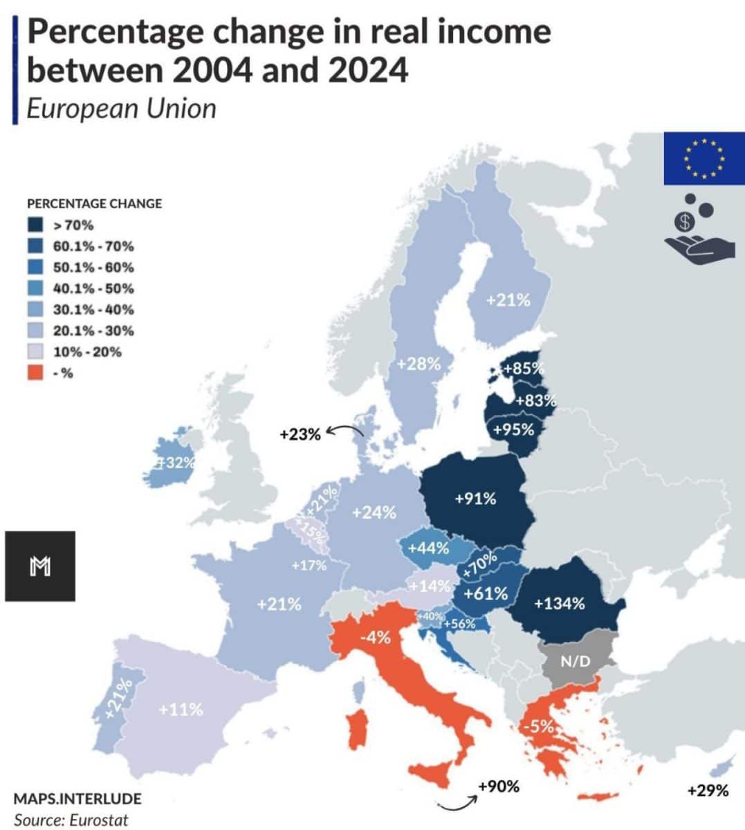Карта: как изменились реальные доходы домохозяйств в странах ЕС / © maps.interlude