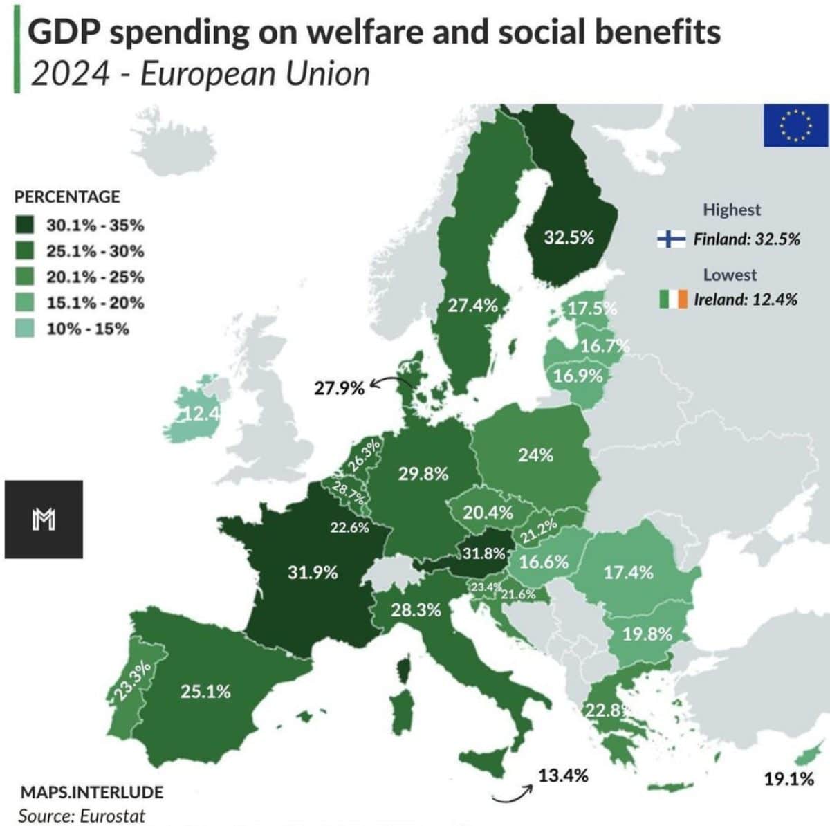 Какую часть ВВП страны ЕС тратят на социалку / © Maps Interlude