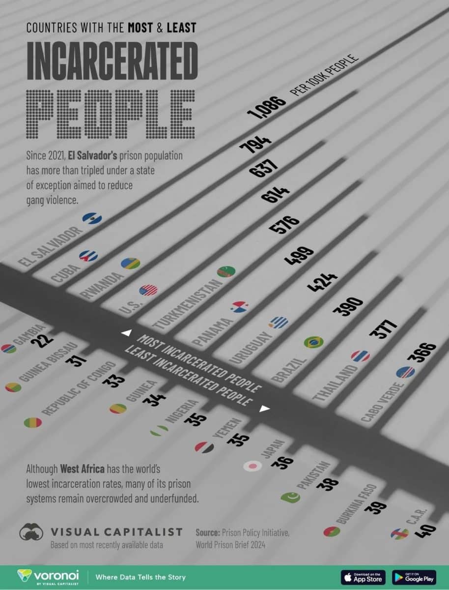 За решеткой: страны-лидеры по числу заключенных / © Visual Capitalist