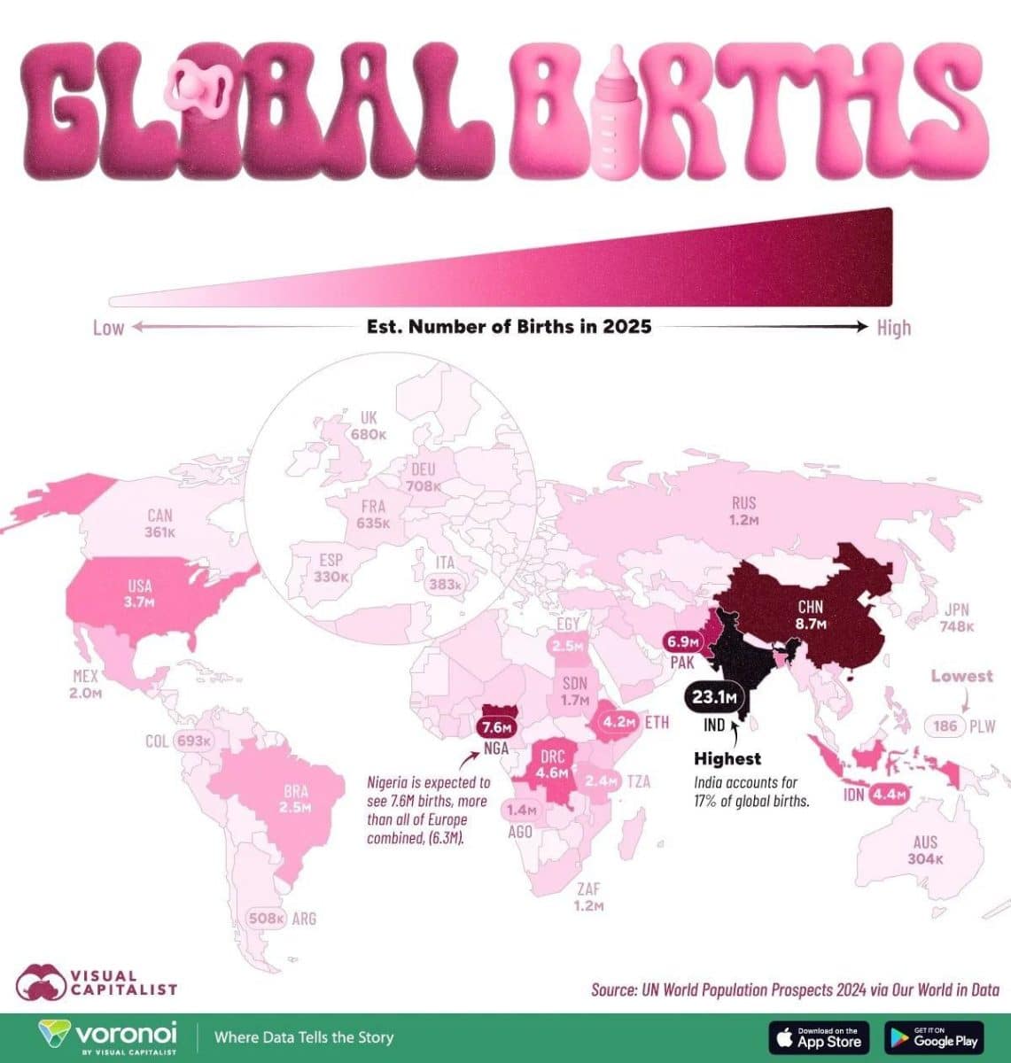 Карта: количество рождений по странам в 2025 году / © Visual Capitalist