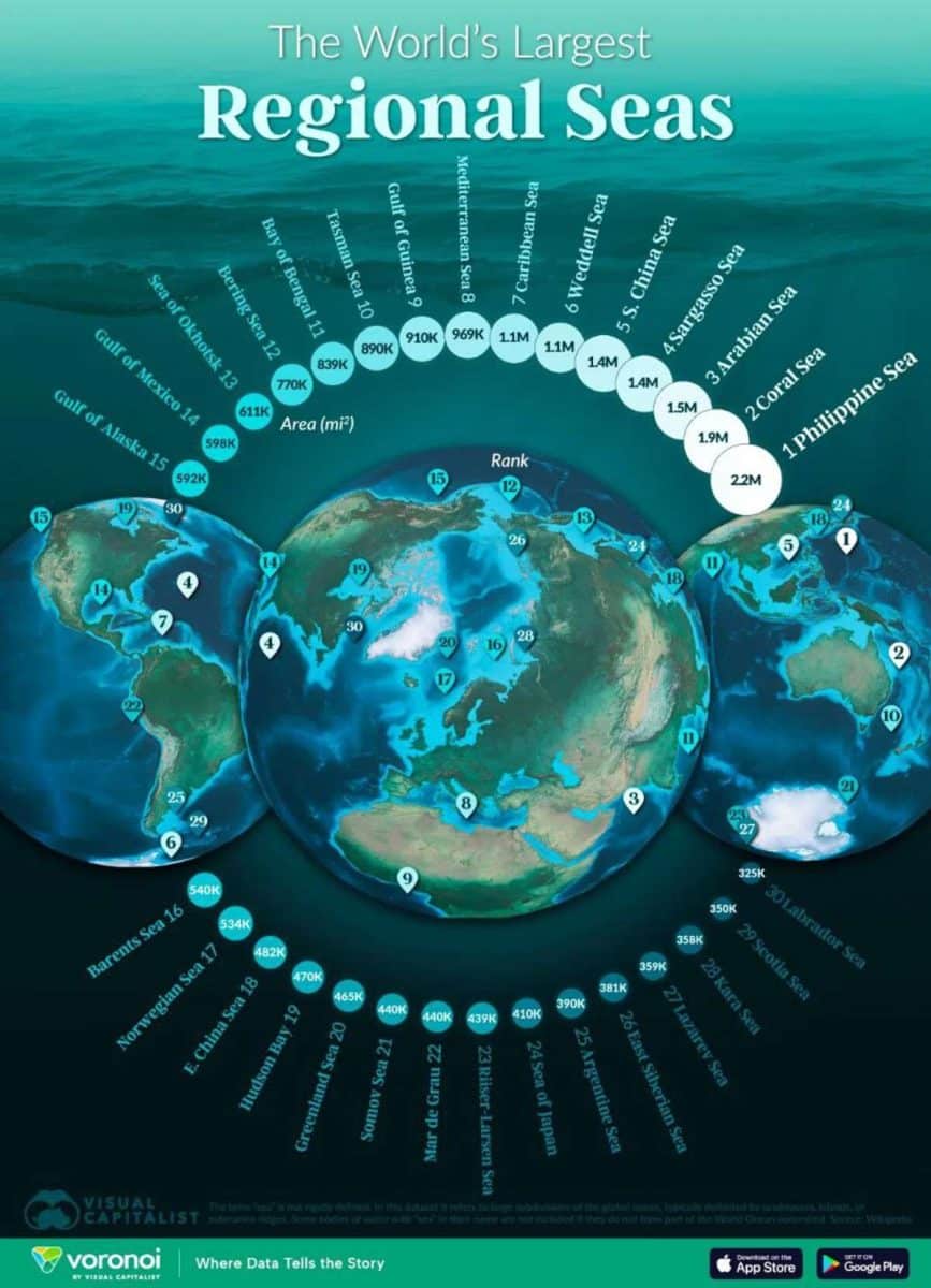 Карта: крупнейшие региональные моря / © Visual Capitalist