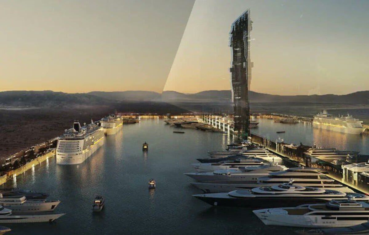 Рендер гавани горизонтального небоскреба «Зеркальная линия» (The Line) / © NEOM